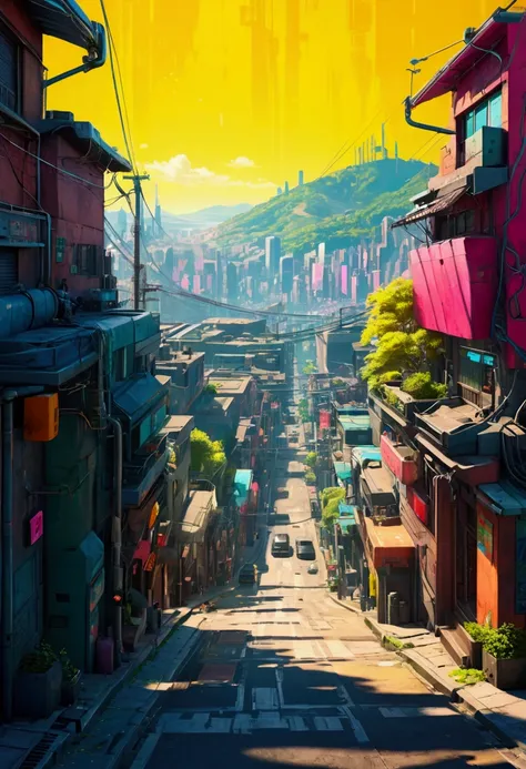  create a scenario of a sloping street, cyberpunk style, Sunny day period 