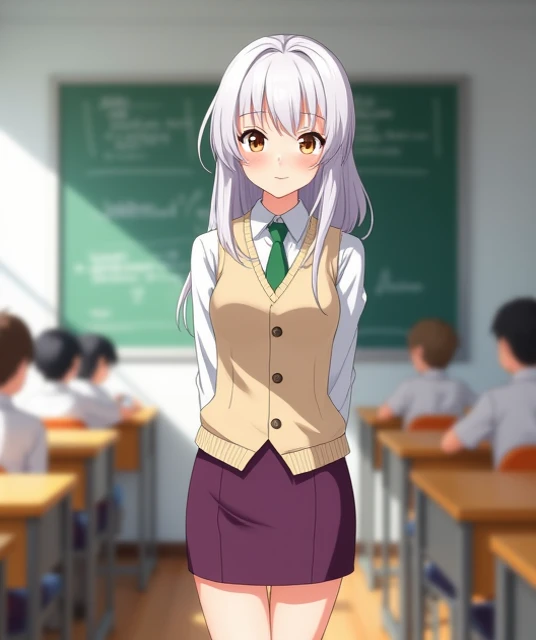  A 28-year-old anime-style lady , To Love Ru,  standing in front of a classroom on the third floor of a white school with a wooden floor ,  Of it there are some students sitting in their desks in the surrounding area wearing the same uniform during the aft...