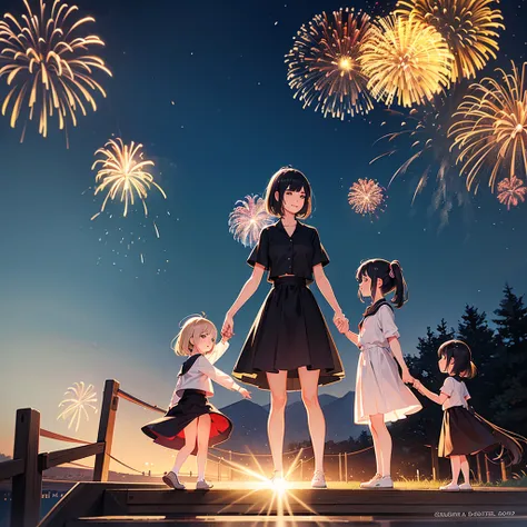 A tall girl standing hand in hand with two small women, smiling sexy, with fireworks on an Asian arched bridge