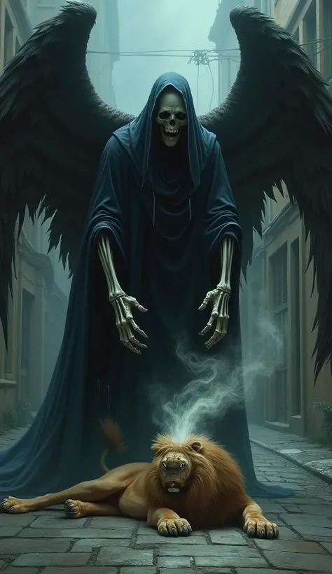 cinematic horror portrait of the angel of death pulling the spirit of a lion lying helpless, on a dark and quiet street, it is very real that the lions spirit was ripped out of its body.