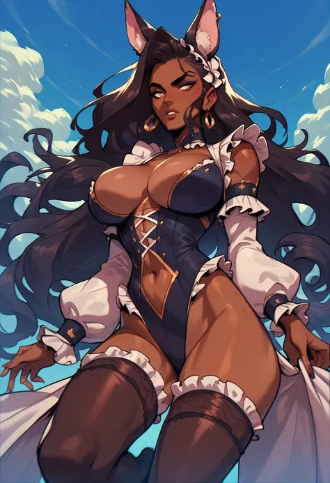 
1girl, animal ears, breasts, large breasts, dark skin, dark-skinned female, frills, thighhighs, sky