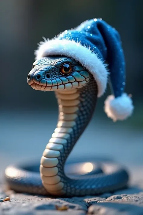 Create Animated image of a baby cobra snake in a state of alert with a blue and white Christmas hat