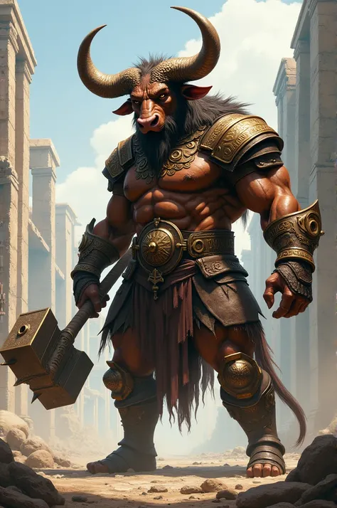 A creature with a human body and the head of a bull wears brown gladiator armor and is armed with a giant hammer 