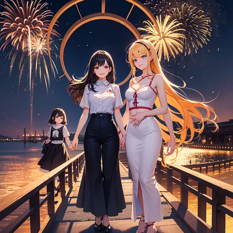 A tall girl standing hand in hand with two small women, smiling sexy, with fireworks on an Asian arched bridge