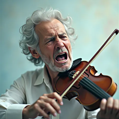 A realistic image of an elderly man with gray hair and a deeply wrinkled face, crying intensely with tears streaming down his face, mouth open in visible emotional pain, while playing a worn violin. He is wearing formal white violinist attire, and his post...