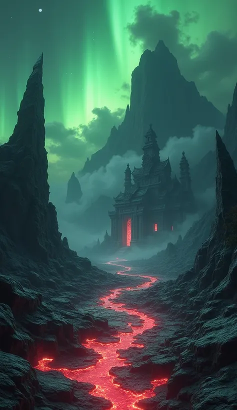 Ultra-realistic image of a dark fantasy Spirit World from YuYu Hakusho. A sprawling, desolate wasteland under a foreboding twilight sky, where jagged obsidian peaks rise like fangs, their surfaces glistening with condensation under faint green auroras. The...