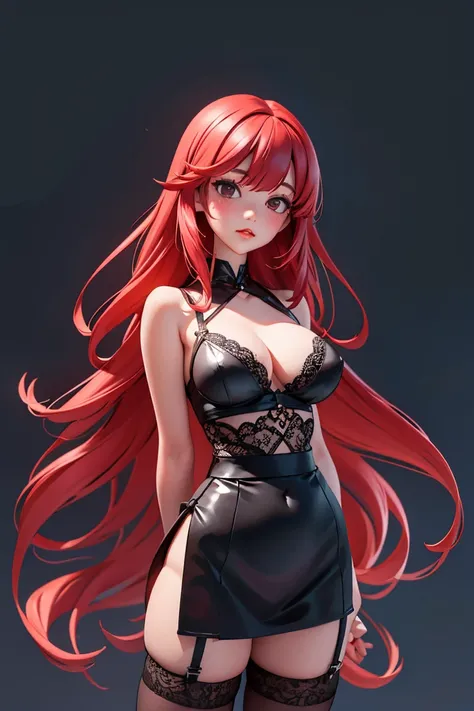 asian girl, long red hair, bangs, black eyes, ulzzang, red lips, illustration，digital art illustration, work of uncanny art, gallery worthy，Minimalism，minimalist lines，huge breasts, cleavage, solid black background, black lace lingerie, thigh highs, thick ...