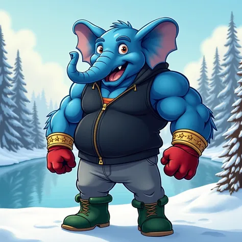 blue muscular furry elephant jock in gold bracelets , wearing green boots , in gray pants,  in a black sleeveless zipped sweater , wearing red gloves, standing by a winter lake in cartoon style