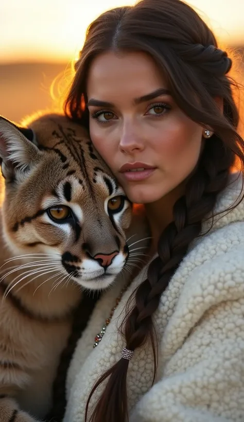  Create an image of a strong and stately woman ,  with long dark brown hair and elaborate braids ,  wearing a white wool poncho and silver details . Her face is close to the face of a puma , almost touching. Both look directly into the camera , with bright...