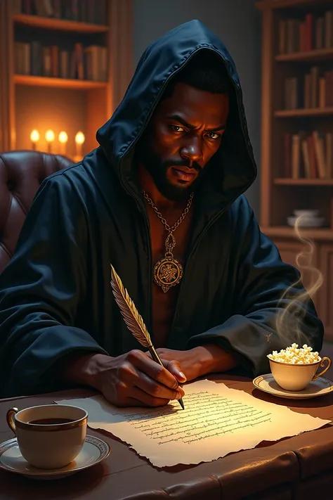 African-American sorcerer, writing with a pen, drinking coffee and eating popcorn