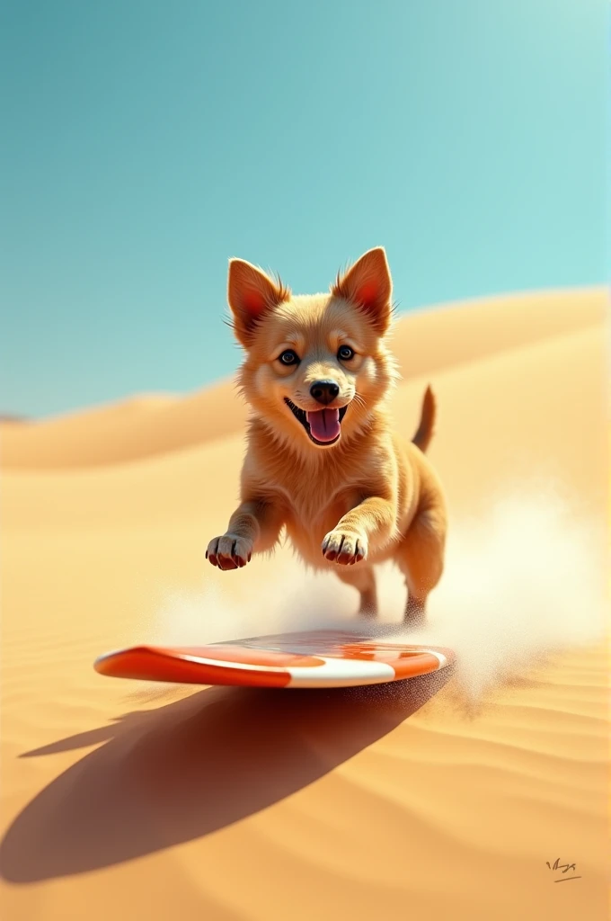 Dog on a surfboard surfing on the dessert sand