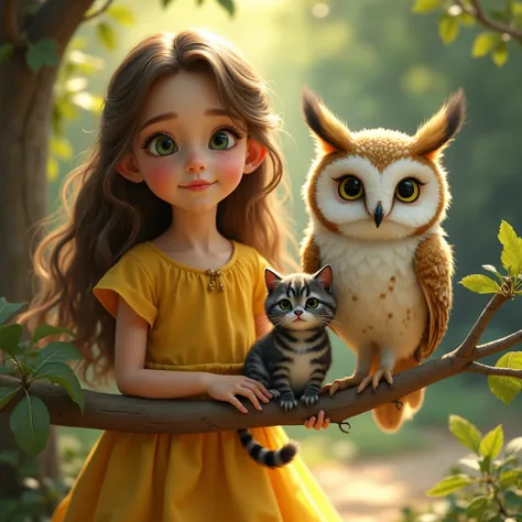 create me a picture of a six year old girl, she has big bright green eyes and long brown hair that catches the sunlight, with a yellow dress with a little cat with black and gray stripes, or an old, an owl on a branch with white feathers, with a treasure m...