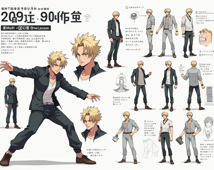 Make a design sheet for a male character (anime style, reference: Jujutsu kaisen, Mappa studio)