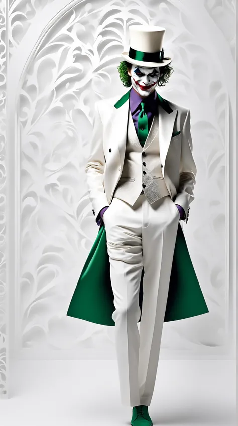 Minimalist fasion photo of a Joker in white suit and hat. White filigree background,