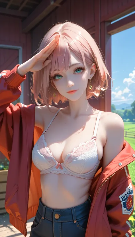 1girl, solo, jacket, opened jacket, jacket down, sagging jacket, bra, bare shoulders, underarms, sexy, arms raised, salute pose, looking at viewer, front view, farm background 