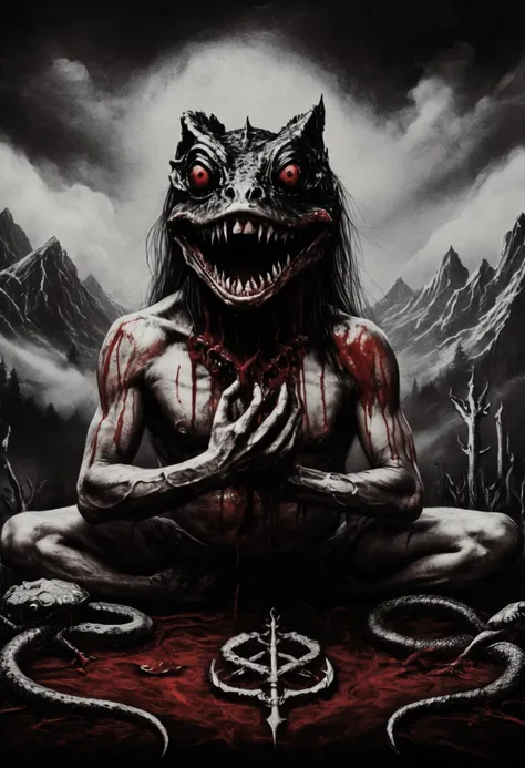  blackmetal style , Xerox,  black and white ,  cloudy black sky , battle frog ,blood,dientes rojos por la blood,gota de blood, diabolic smile ,fleshy,religious frog ,  mountains in the distance, fog, Ojos rojos, tool belt, full body,meditation pose ,(Ritua...