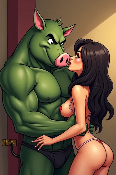 Muscular green pig having sex with a sexy and busty hot woman, generate cartoon image  