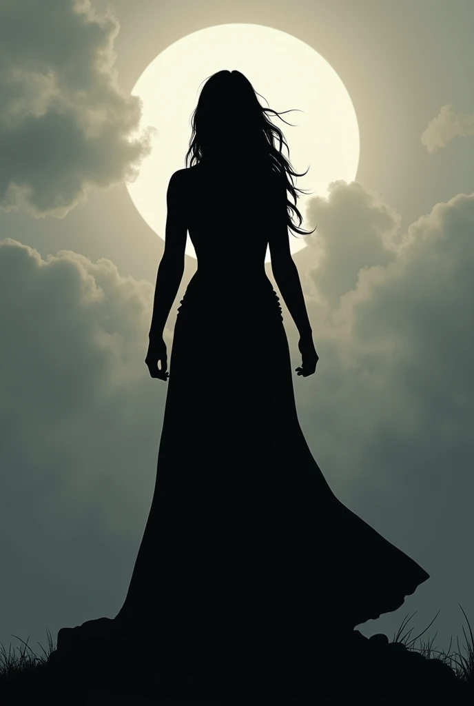  a silhouette of a dark woman, on a cloudy background 