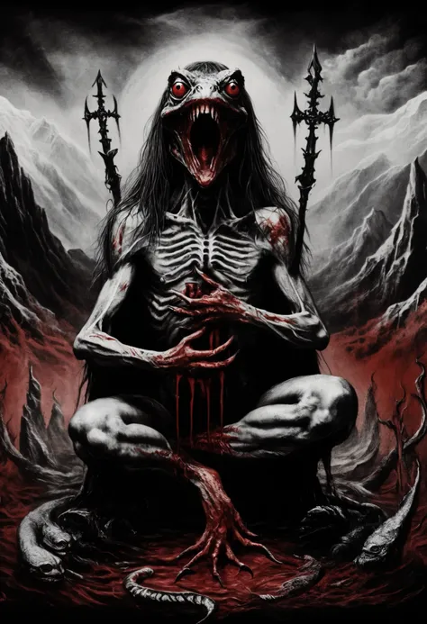  blackmetal style , Xerox,  black and white ,  cloudy black sky , battle frog ,blood,dientes rojos por la blood,gota de blood, diabolic smile ,fleshy,religious frog ,  mountains in the distance, fog, Ojos rojos,tool belt , full body,meditation pose ,(Ritua...