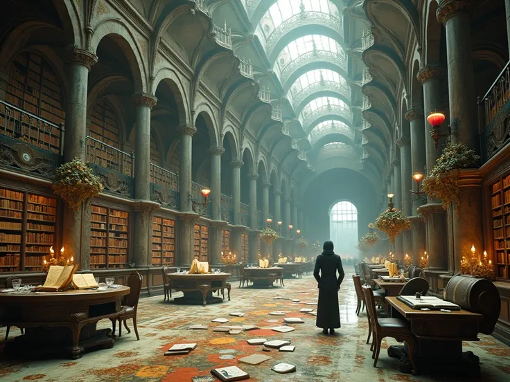 icture a grand library where books float like balloons, their pages flipping on their own as they spiral into the sky. Instead of chairs, there are giant teacups, their handles twisting like vines, pulling readers inside. The chandeliers are made of drippi...