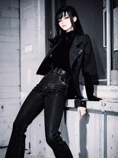 (  Masterpiece  ,  top quality:1.2)、Leaning against the wall、Woman with legs crossed, Wearing tight black clothing,  androgynous  person,  wearing black contemporary clothes ,  androgynous , Wearing black clothes, Tight black clothes, Wearing black clothes...