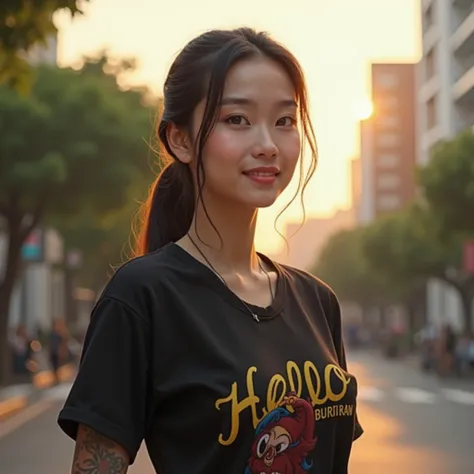 An Asian man,ใบหน้าเรียบเฉย,  with a round face , มี Glazed Tile Skin เงา, Have a tattoo, Glazed Tile Skin , fine eyes , She wore a black blouse with a graphic print. "Hello" Buriram" Bright colors, Realistic art style,  high definition ,   has anatomical ...