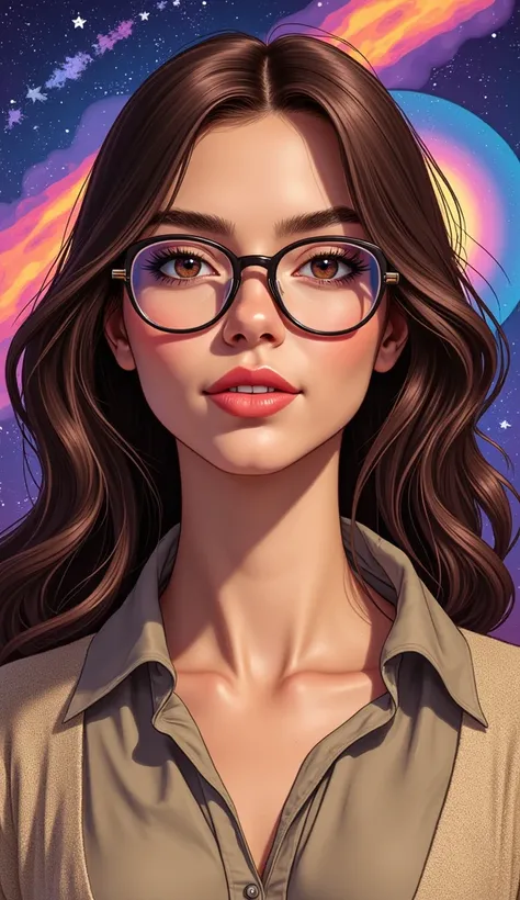 A modelo está usando óculos de sol de vidro com estrelas e a"An adult American woman in a comic book style, with realistic and elegant features. She is dressed in discreet, casual attire, such as a neutral-colored blouse and simple cardigan, appropriate fo...