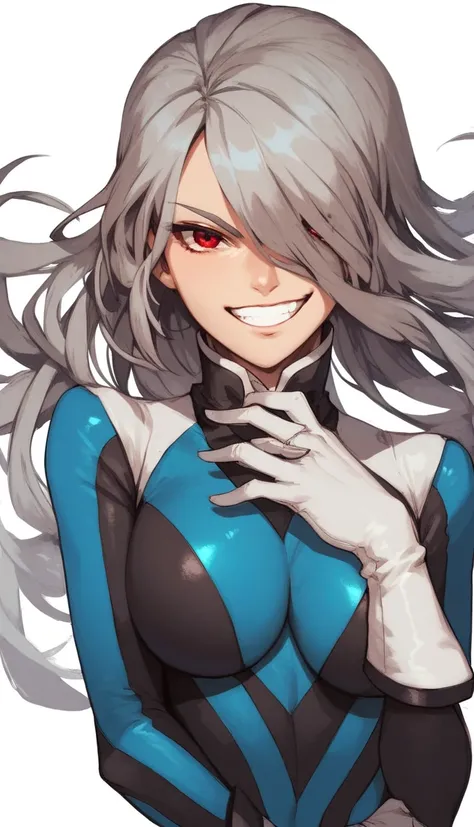 score_9, score_8_up, score_7_up, score_6_up, score_5_up, score_4_up, BREAK source_anime, white background, 1girl, gray hair,pose,red eyes, holding hands, looking at viewer, evil grin,  white gloves, gloves, bodysuit, dark emperors, boots, large breasts,lon...