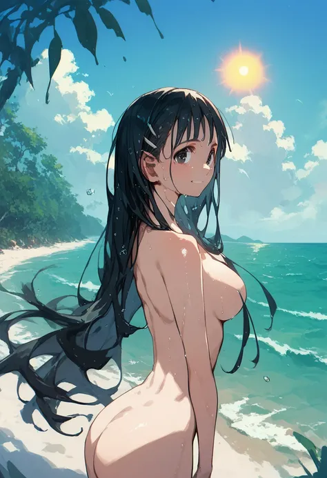 Furukawa Yui, black hair， long hair，ToLOVEru， long hair，Tree Eyes，sea， Completely naked，   wet and shiny skin  ，smile，sun，，  sandy beach