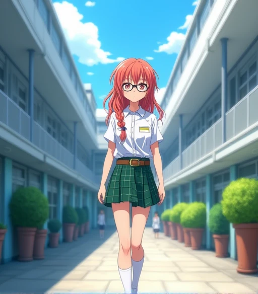 A 17-year-old anime-style girl , To Love Ru,  walking in the outside corridors of a huge 4-story white school with blue tinted windows with medium-sized flower pots in the surrounding area,  with some students in the surrounding area wearing the same unifo...