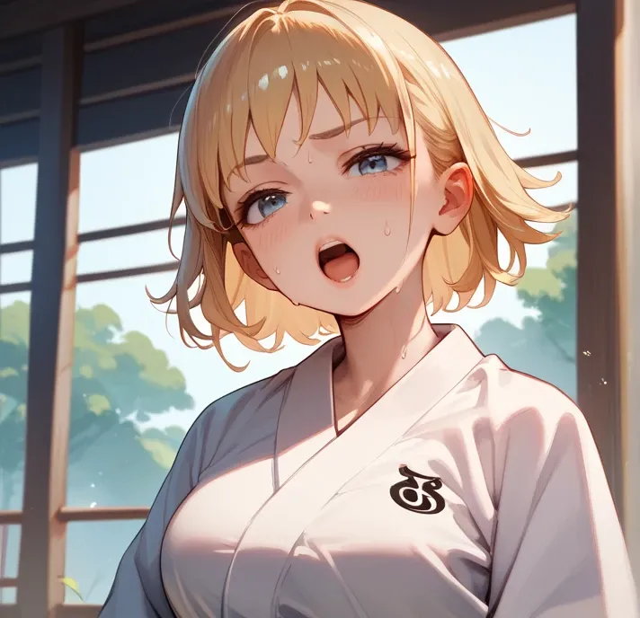 A young-adult girl, blonde-hair, big breast, Lidia Sobieska Inspired, is leaning with seducing face, mouth open, perfect body, sweating all over body, at dojo (wears(karate uniform))