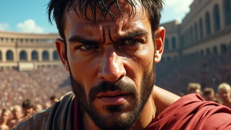 Graphic novel style, 16:9 aspect ratio, a close-up shot of a gladiators face, sweat dripping down his brow, his eyes filled with a mixture of determination and fear, his lips pressed into a thin line. His weathered skin shows the scars of countless battles...