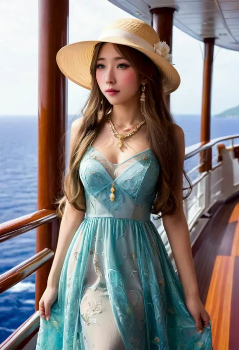 A cute yuna (age 25, waifu, lonely, sheer colorful dress, elegant long hair, nice jewelry, big broad rimmed hat that matches her dress) is feeling lonely, she is at the rail of a high deck on an ocean going cruise ship