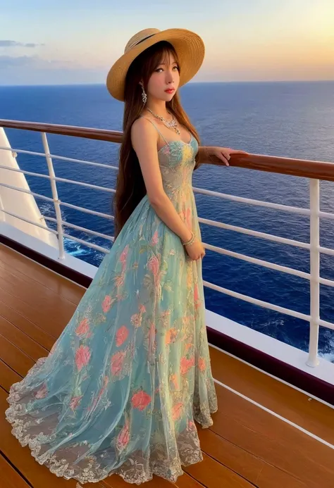 A cute yuna (age 25, waifu, lonely, sheer colorful dress, elegant long hair, nice jewelry, big broad rimmed hat that matches her dress) is feeling lonely, she is at the rail of a high deck on an ocean going cruise ship
