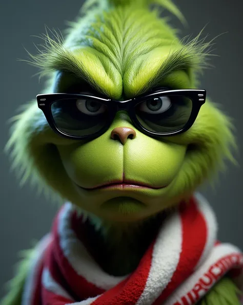 
Grinch face, Serious with black glasses and black lenses and white and red scarf