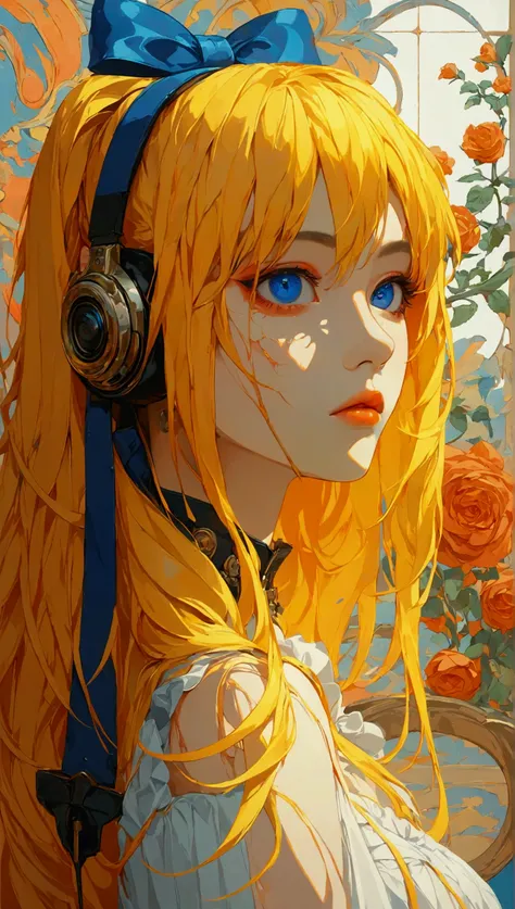 1 girl, yellow hair, blue eye,  Alice wonderland style , cyberpunk, orange and background , hand in pocket , black heels,  High resolution,  long hair ,  High resolution,  masterpiece, necessary,  anatomically correct,  Awarded many times,  Best quality , ...