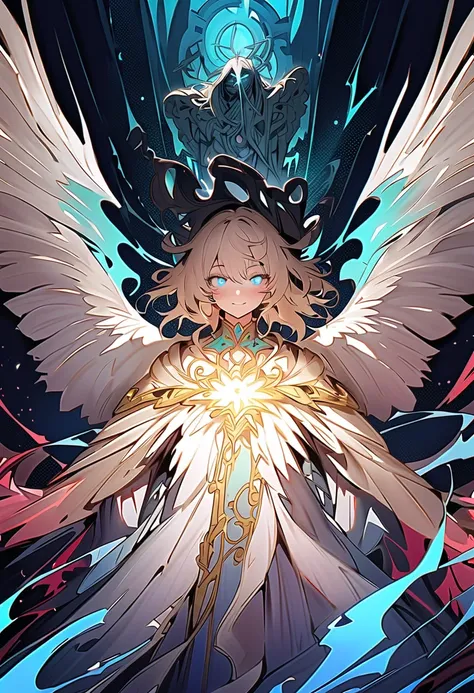 Best Quality、masutepiece、Ultra-detailed、face perfect、Extremely detailed、Extremely delicate、1 boy, (Scary), angel, Gorgeolanche&#39;s halo), dark, Glowing eyes, Light blue eyes, angel wings, holy, , Blanche&#39;s tunic, two frivolous blanche angel wings, wh...