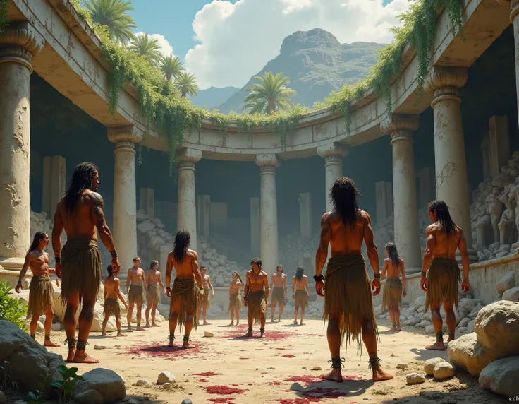  a tribe in ancient ruins , survival style ,  a place with a cannibalism scene, aggressive,  with an improvised arena in the middle .  impressionistic art brushed 