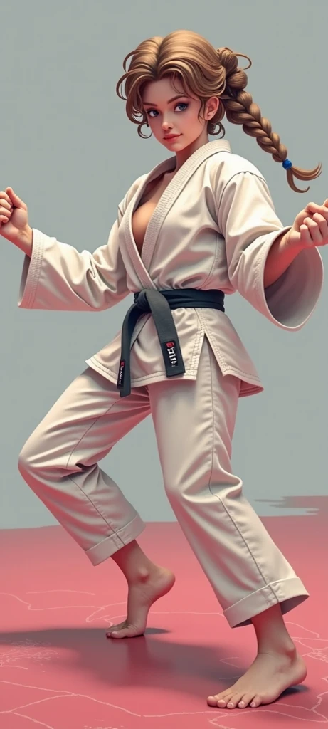 Karate woman curly hair light brown brown eyes