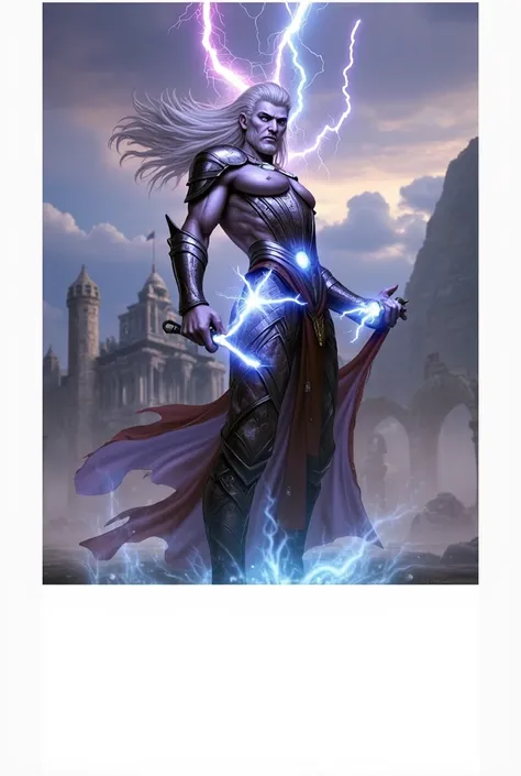 Merlin the wizard, standing in a mystical setting. He is a powerful figure, with a long white beard and flowing hair. He is clad in a dark, leather-like armor and a flowing red robe. He holds a staff that is glowing with blue, pink and green energy, and th...