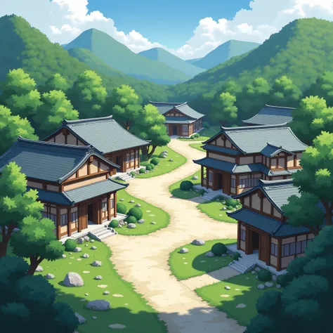 Create me an animated image of a village of monks, without people, It doesnt look like Japanese buildings