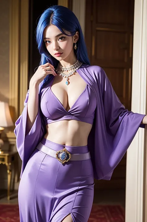 A regal young woman with vibrant blue hair and striking purple eyes exudes elegance, her slender figure draped in a rich, long-sleeved velvet blouse that showcases her toned stomach and navel. A delicate belt cinches at her waist, complementing her fitted ...