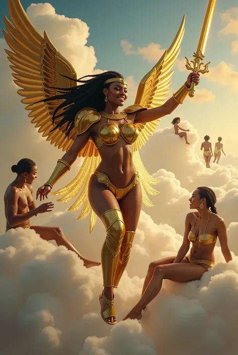 there are at least seven sexy, nude, voluptuous african american women of different skin tones that are floating on top of different clouds like in the Michelangelo paintings. the woman are in the back ground each in different postions laying down, sitting...