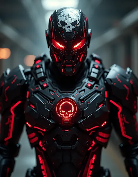 In a dimly lit, industrial backdrop, a close-up shot captures a sleek, black mechanical suits imposing presence. Primary crimson accents and glowing red lights tracing intricate patterns dominate the frame. A stark white skull graffiti adorns the helmets s...