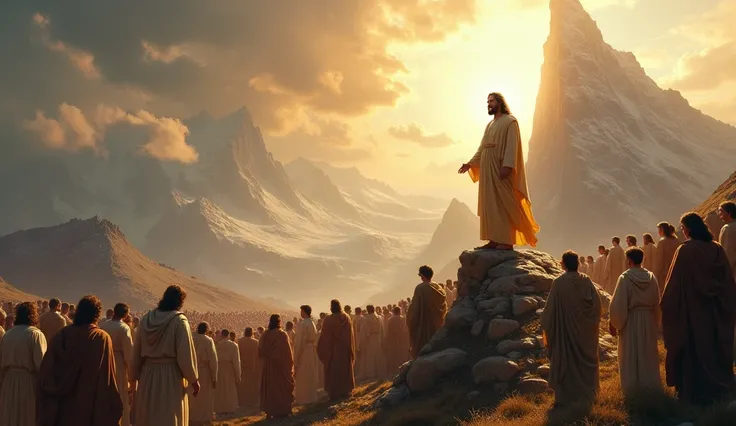 Jesus Christ is on top of a mountain. A crowd of people are around him, in the crowd there are also blind, lame and crippled men. They are at the feet of Jesus Christ.