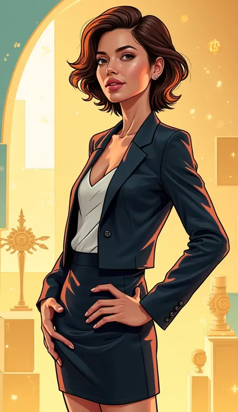 "A confident and stylish adult woman, with a modern and sophisticated look, dressed in a sleek blazer and skirt suitable for a business environment. She has short, wavy hair and wears subtle, professional jewelry. She is surrounded by a minimalistic yet vi...