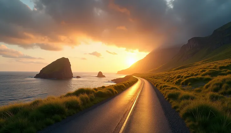 A picturesque coastal road stretching into the horizon, bordered by vibrant green grassy hills and dramatic ocean cliffs. The golden light of a sunset bathes the scene in warm tones, contrasting beautifully with the moody, dark clouds gathering in the sky....