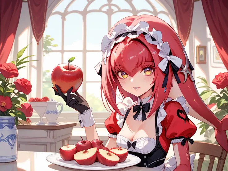 Mipha in maid ,  costume with big boobs the size of an apple, Provocative posture,  has an unused condom between her fingers, She bites her lip seductively 