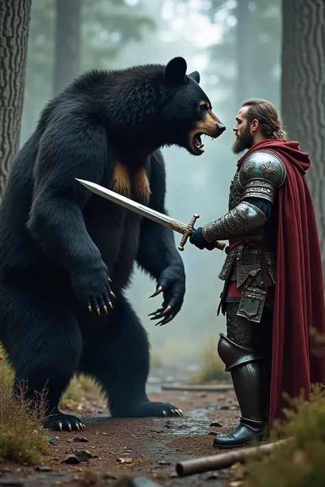 Angry Black Bear , in a confrontational position, King Arthur ,  with sword dressed in medieval costume 