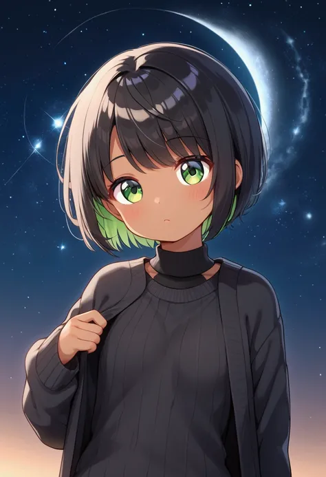 Sky, its night, (((whole body))), the night is full of stars, there are planets in the sky, bright colors, Incredible details. [Shiny hair], Boyish cut, spectacular hair::0.9, (little), (cute), loli::3.5, short hair::1.5, galaxy hair, [black hair], green e...